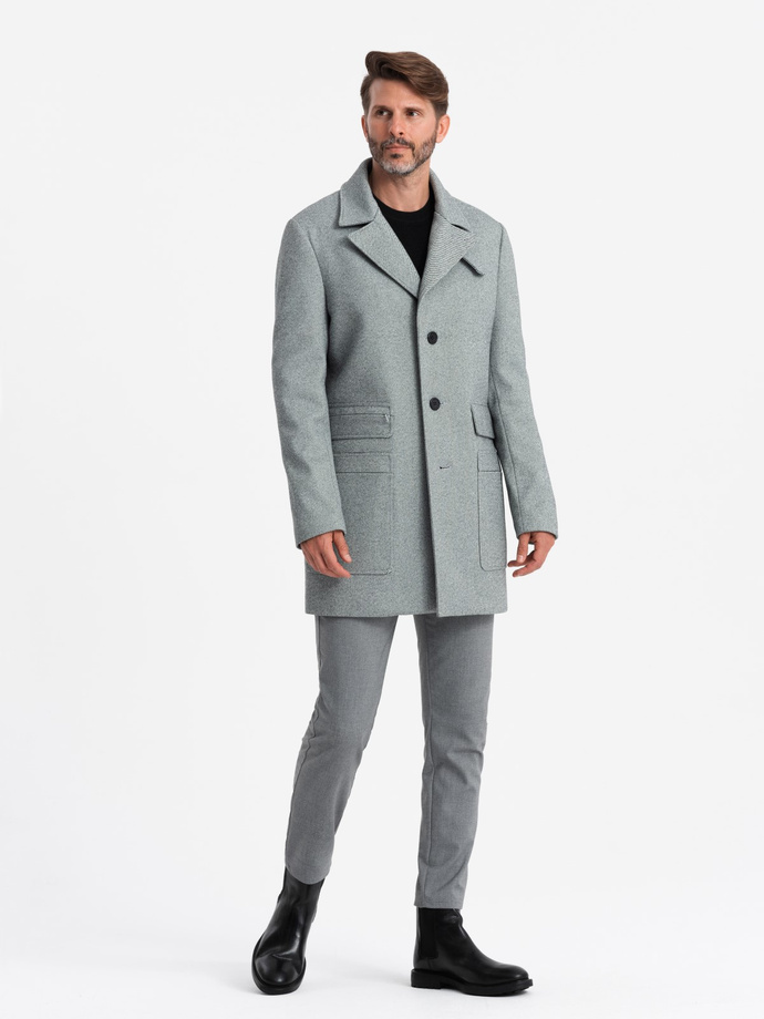 Patterned single-breasted men's coat with pockets - grey V3 OM-COWC-0108