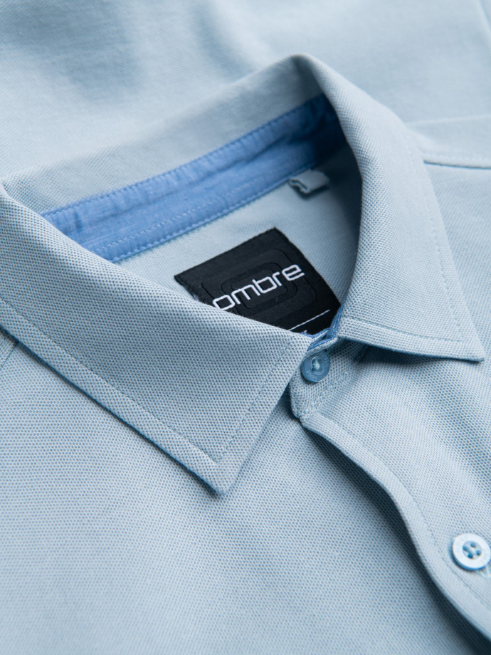 Men's knitted slim fit shirt with short sleeves and collar - blue V3 OM-SHSS-0100