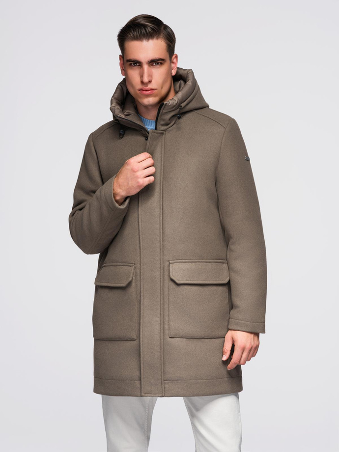 Men's insulated coat with hood and concealed zipper - black V1 OM-COWC-0110