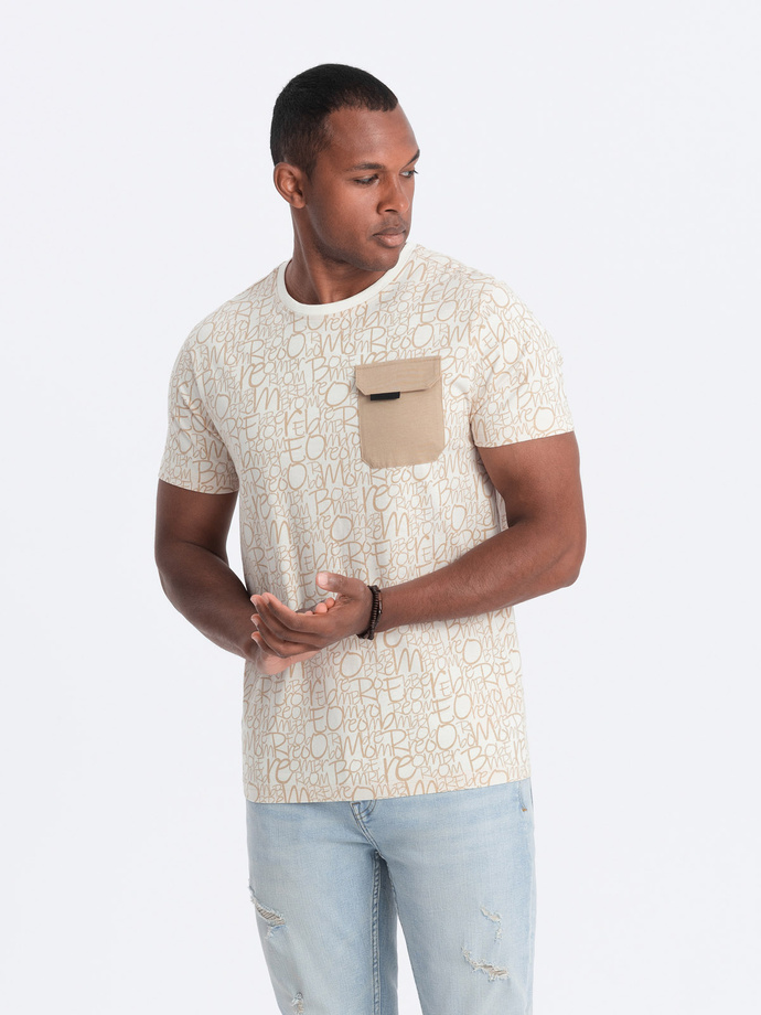 Men's cotton t-shirt with letter print and pocket - cream and brown V1 OM-TSFP-0188