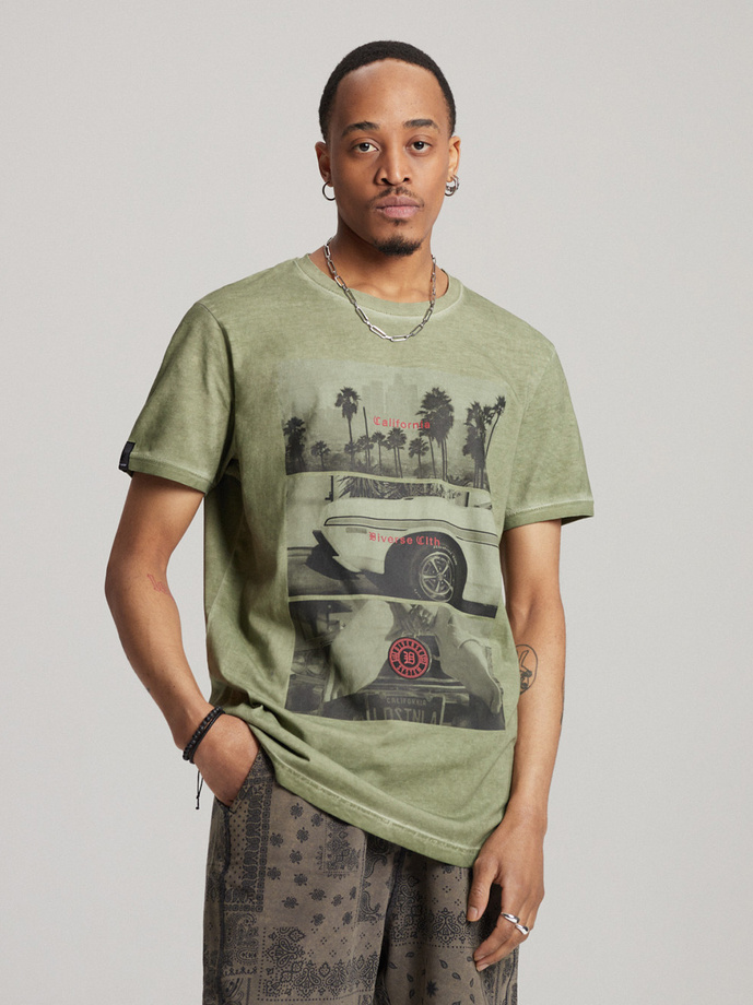 T-shirt męski z nadrukiem WOLF CALI S1819 - khaki