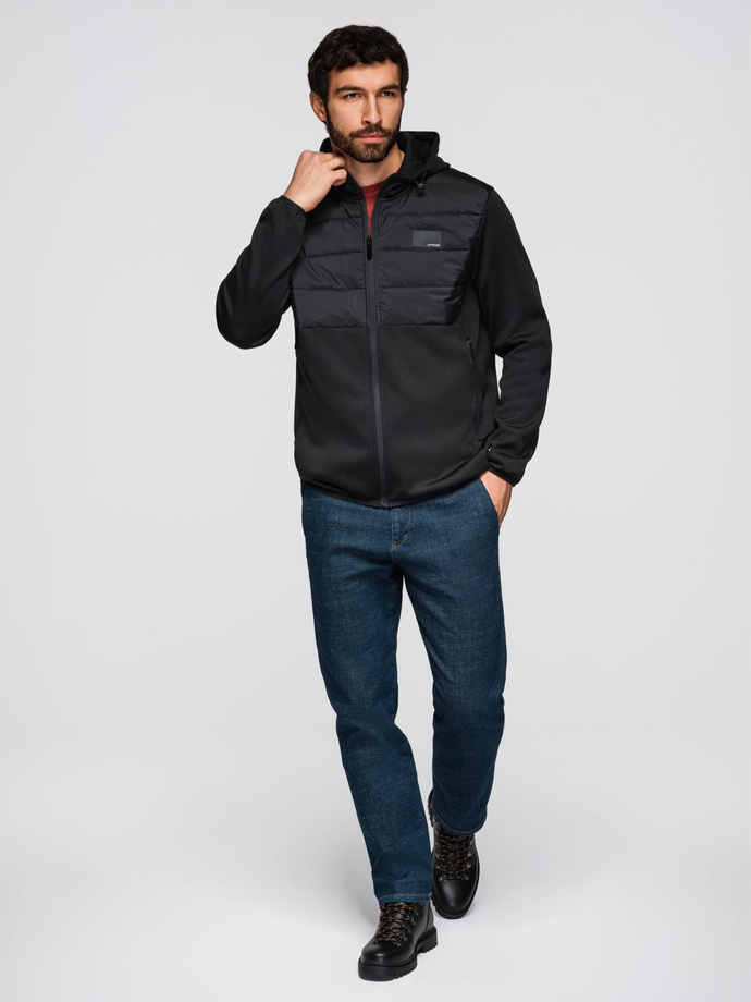 Men's lightweight jacket of combined materials with hood and decorative quilting - black V5 OM-JANP-0160