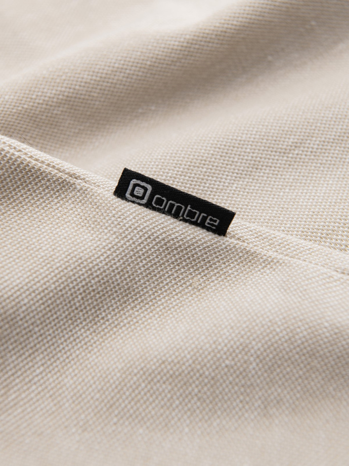 Men's melange polo shirt with striped collar - sand V4 OM-POSS-0109