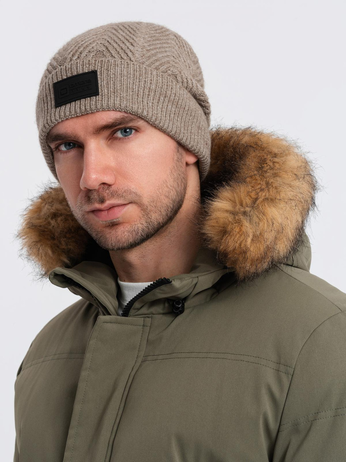 Men's knitted sweater-weave cap with patch - ash V6 OM-ACWH-0122