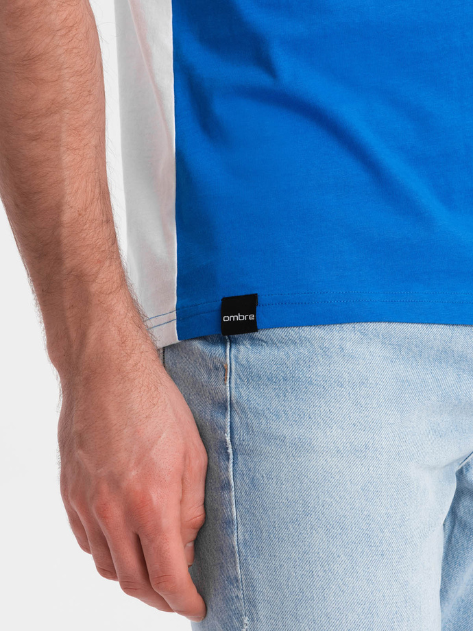 T-shirt męski trójkolorowy bawełniany - biało-niebieski V4 OM-TSCT-0174