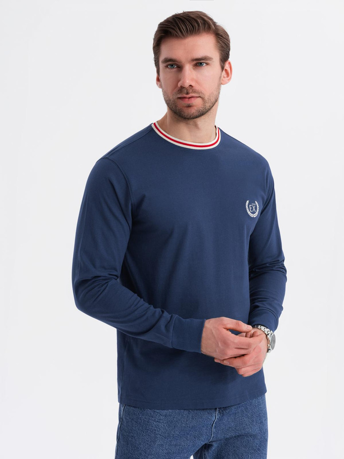 Men's cotton longsleeve with striped U neckline and embroidery - dark blue V3 OM-LSCL-0128