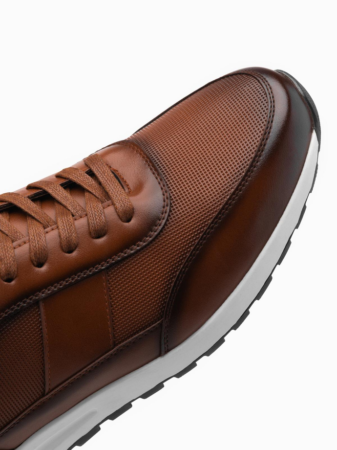 Męskie buty sportowe sneakersy ze skóry ekologicznej – brązowe V1 OM-FOSL-0181