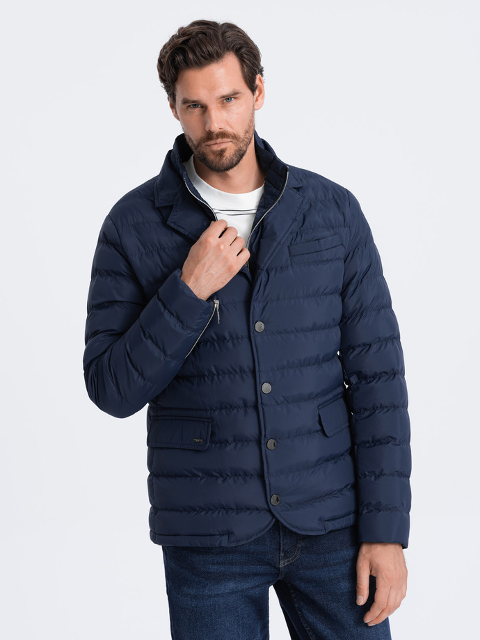 Men's quilted jacket with jacket cut - navy blue V1 OM-JALP-0133