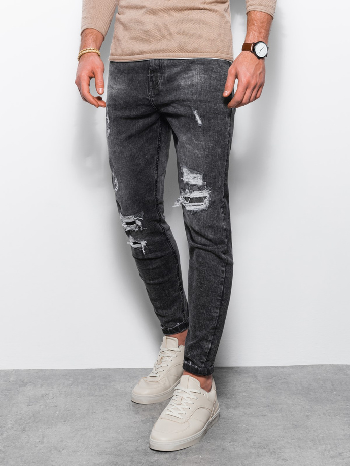 Spodnie męskie jeansowe z dziurami SLIM FIT - szare V2 P1078