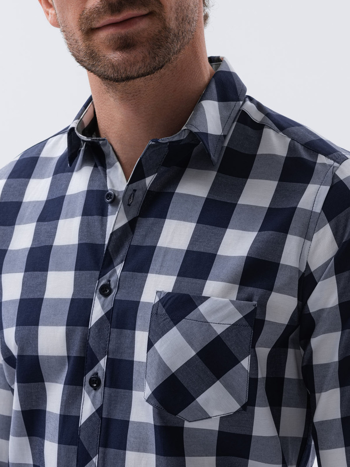 Koszula męska w kratę z długim rękawem - granatowa K282