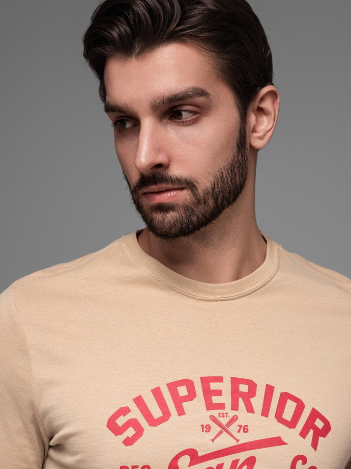 Men's long sleeve collegiate print t-shirt - sand V1 OM-LSPT-0116