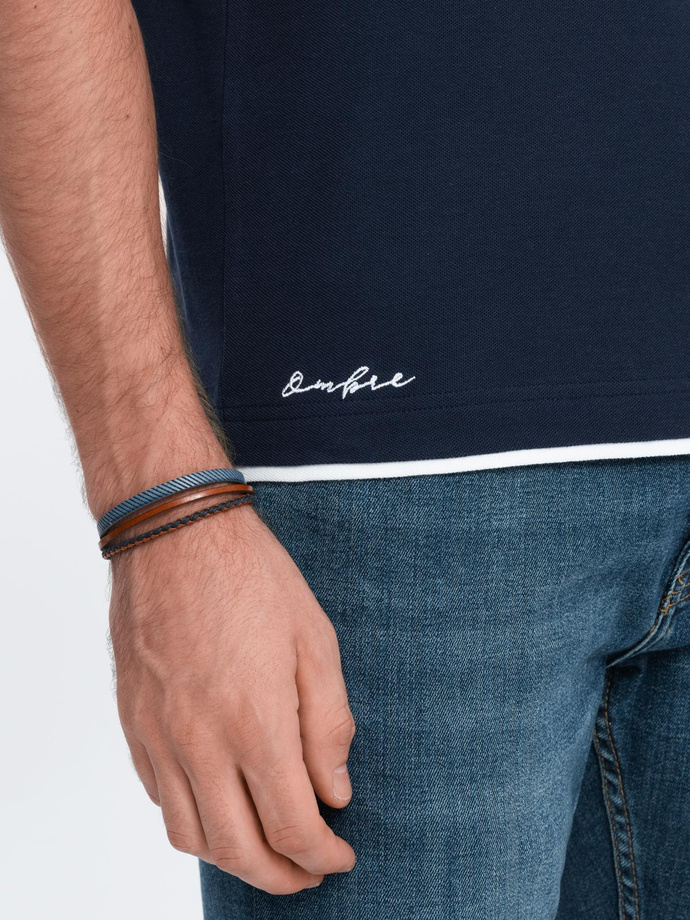 Bawełniana męska koszulka polo z kontrastowymi wykończeniami – granatowa V4 OM-POSS-0113