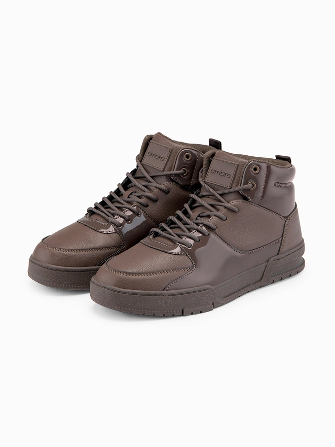 Men's high-top sneakers shoes with shiny elements - dark brown V3 OM-FOSH-0178