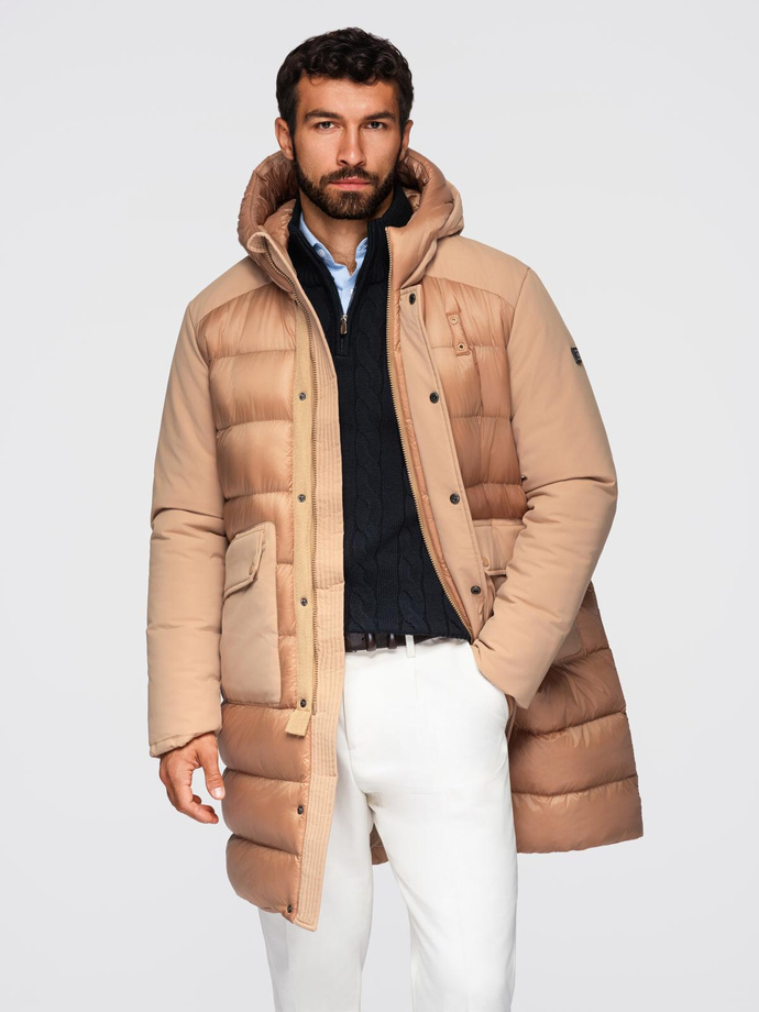 Men's long quilted jacket with large pockets - beige V2 OM-JALJ-0308