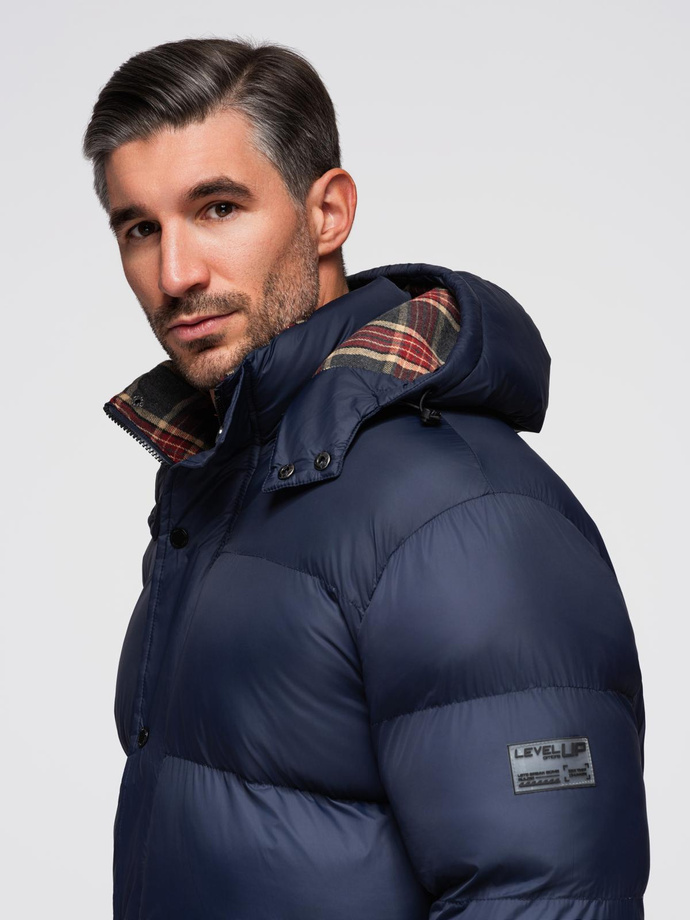 Men's puffer jacket with check lining - navy blue V1 OM-JAHP-0205