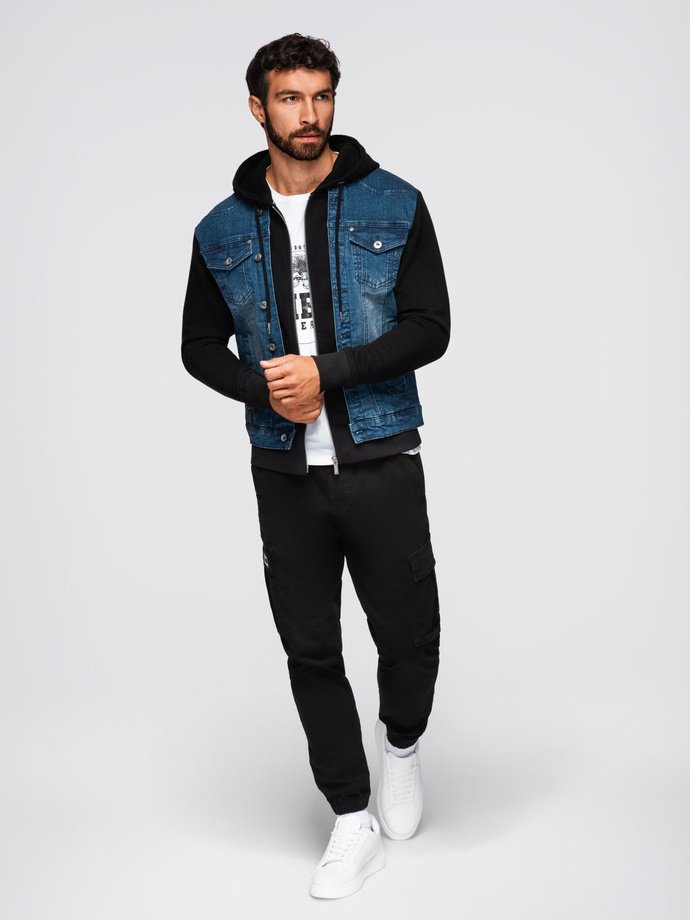 Men's denim jacket with knitted sleeves and hood - blue and black V2 OM-JADJ-0220