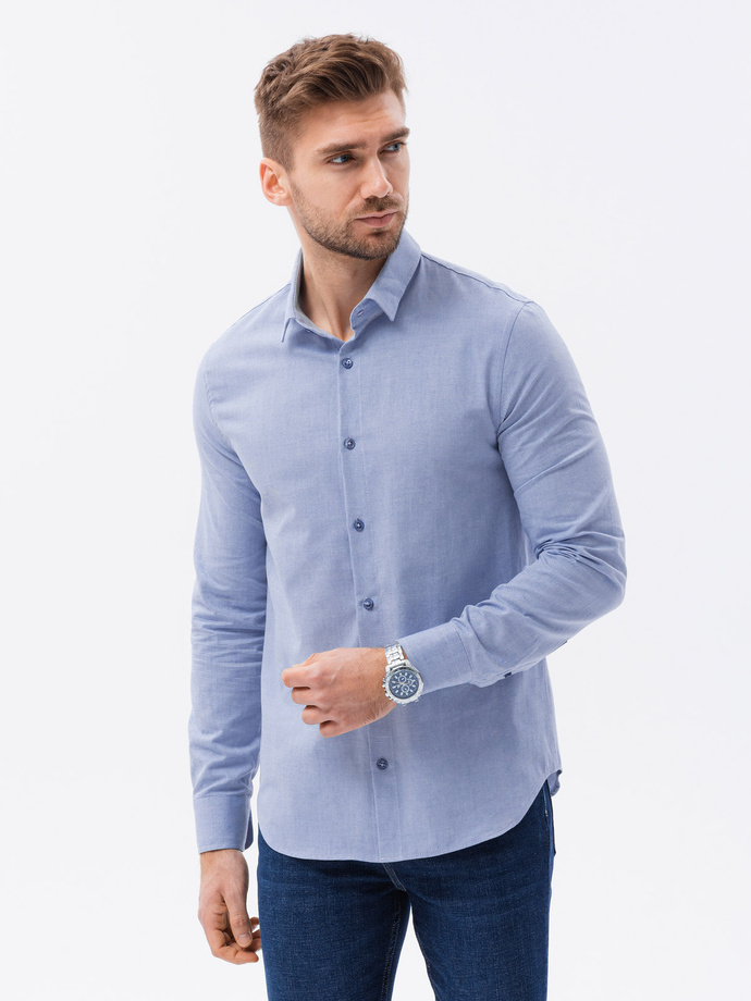 Bawełniana koszula męska z tkaniny w stylu Oxford SLIM FIT - niebieska V9 K642