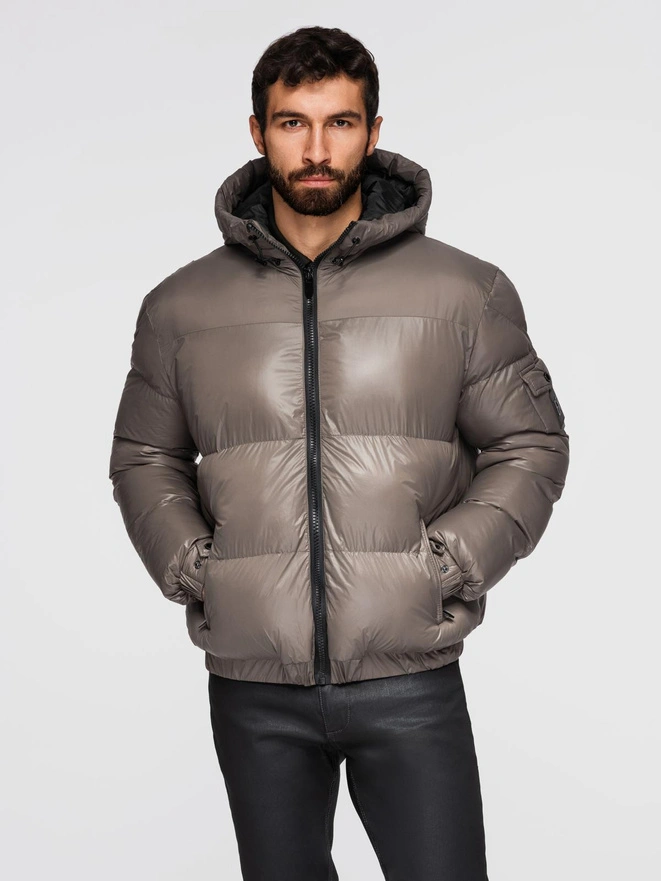 Warm men's puffer jacket with welts - dark beige V3 OM-JAHP-0207