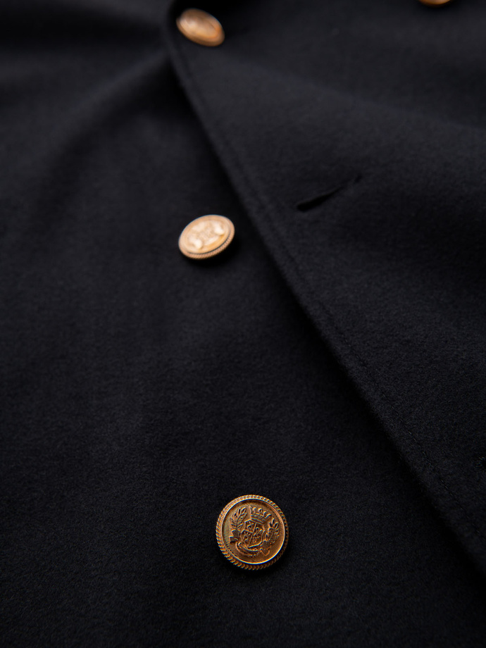 Dwurzędowy męski płaszcz z wełną z ozdobnymi aplikacjami – czarny V1 OM-COWC-0147
