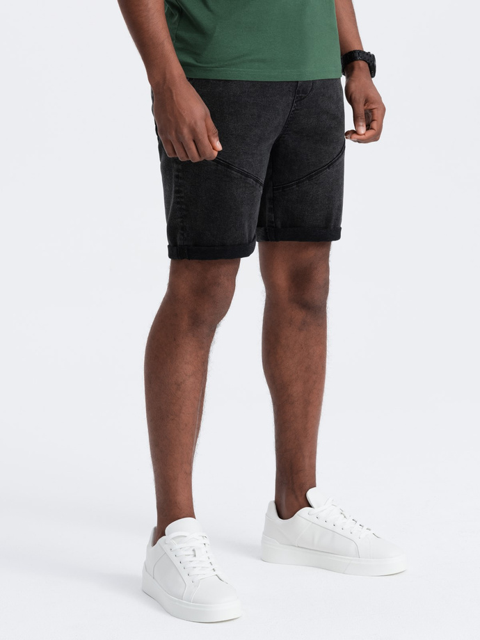 Turn-up men's denim short shorts with stitching - black V2 OM-SRDS-0101