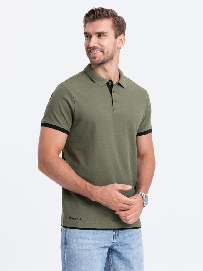 Men's cotton polo shirt with contrast trim - olive V6 OM-POSS-0113