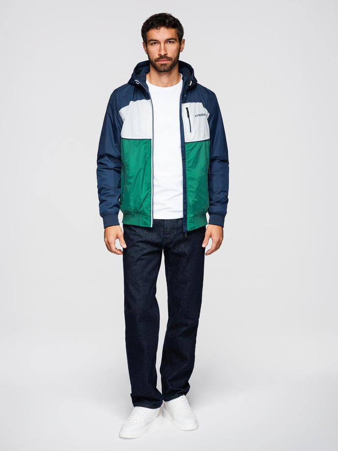 Lightweight colorful men's sports jacket with fleece - green and navy blue V20 OM-JANP-0194
