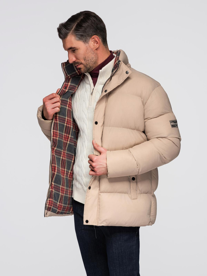 Men's puffer jacket with check lining - beige V2 OM-JAHP-0205