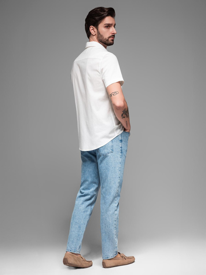 Men's short-sleeved linen-cotton shirt with pocket - broken white V1 OM-SHSS-0167