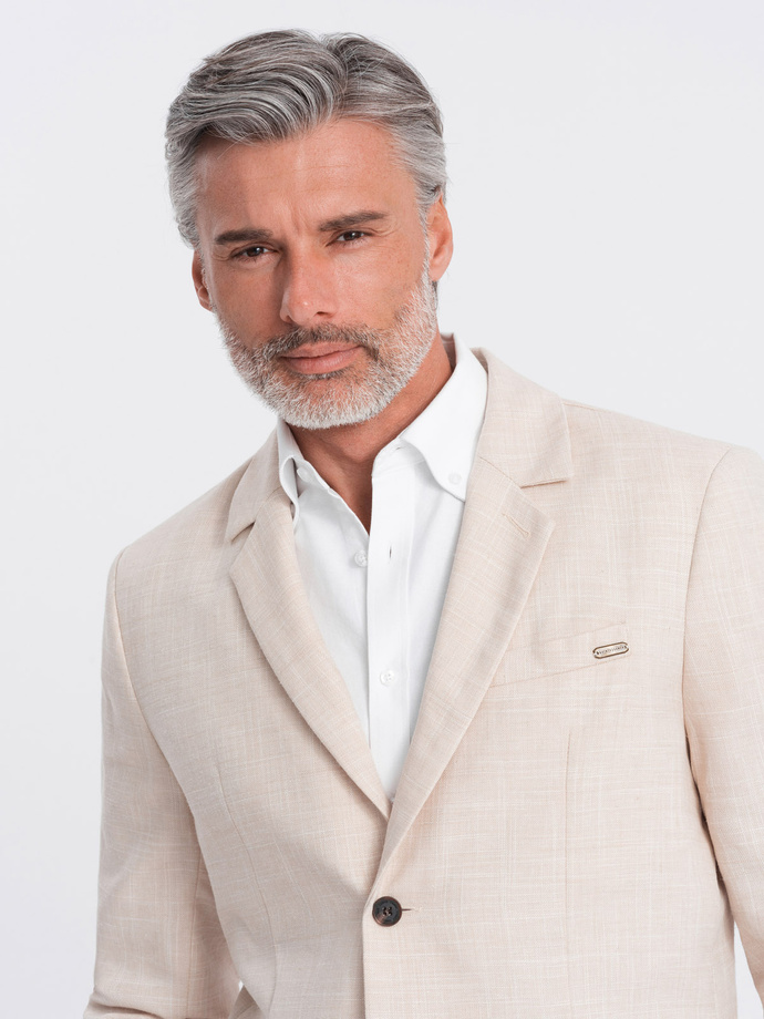 Męska marynarka o kroju REGULAR z lnem - kremowa V1 OM-BLZB-0128