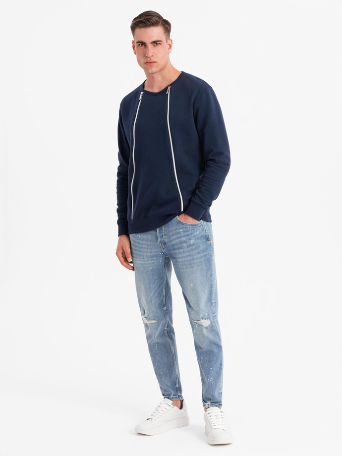 Men's sweatshirt with decorative zips on the front - navy blue V2 OM-SSNZ-0187