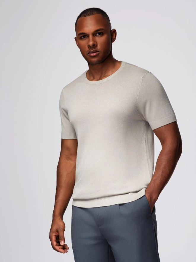 Classic knitted men's shirt with ribbed cuffs - light grey V3 OM-TSCT-0252
