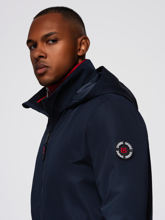 Men's jacket with hood and high collar - navy blue V2 OM-JANP-0222