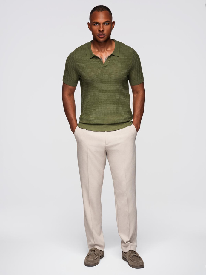 Men's knitted unbuttoned polo shirt - olive V1 OM-POSS-0157