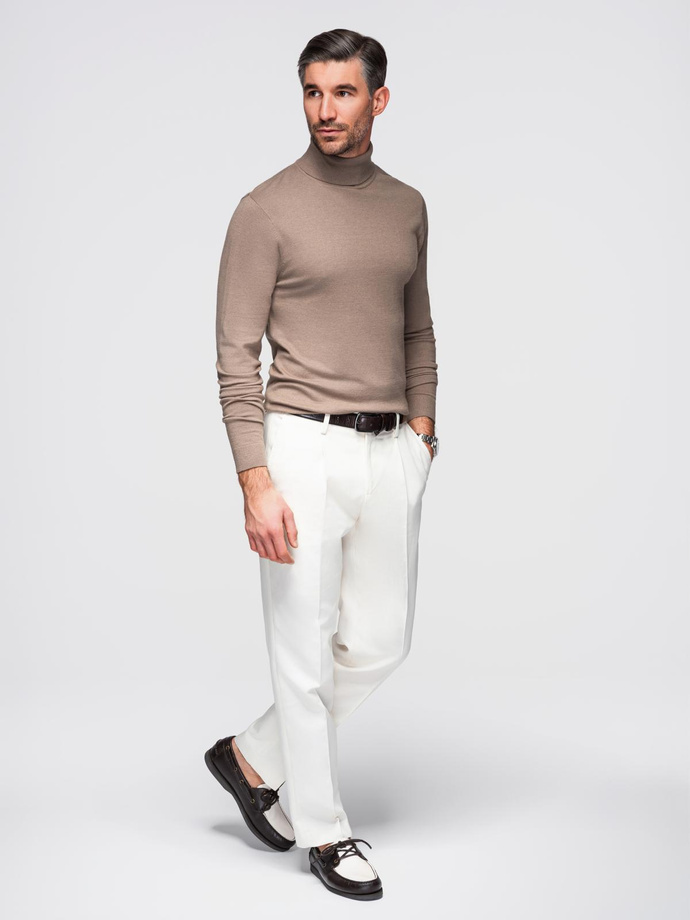 Men's knitted turtleneck with viscose - dark beige V3 OM-SWTN-0127