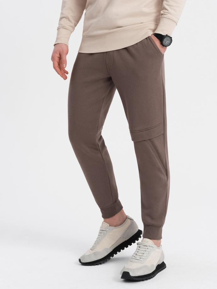 Men's sweatpants with stitching and zipper on leg - brown V4 OM-PASK-0147