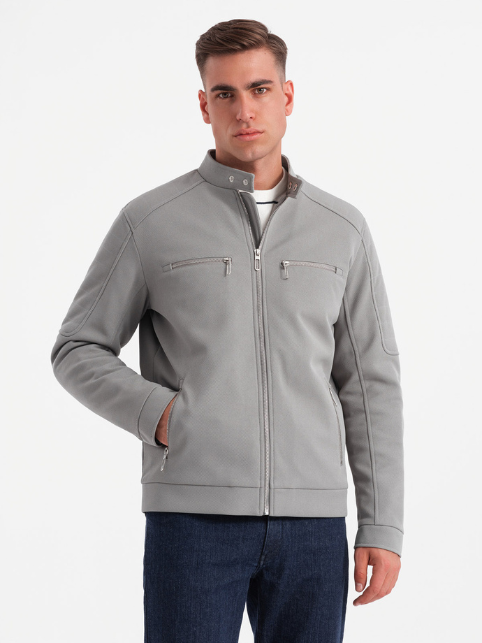 Men's biker jacket with pockets and collar - grey V3 OM-JALP-0157