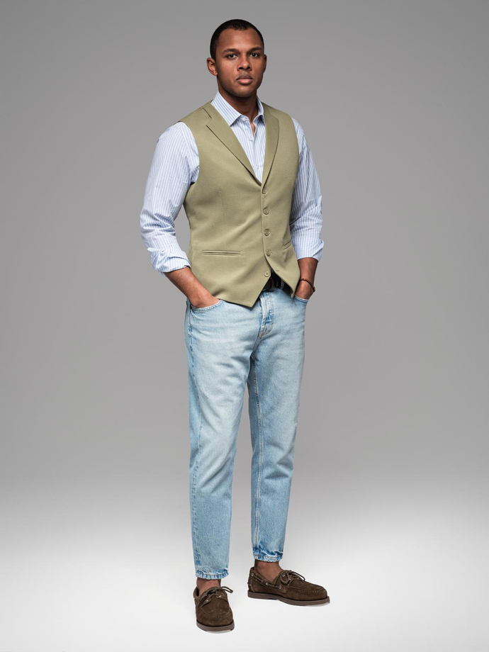 Fitted men's structured knit vest with lapels - olive V1 OM-BLZV-0144