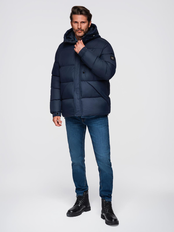Men's quilted jacket with high zipped hood - navy blue V2 OM-JAHP-0238