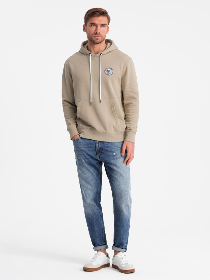 Men's kangaroo sweatshirt with hood and college style patch - sand V3 OM-SSNZ-0144