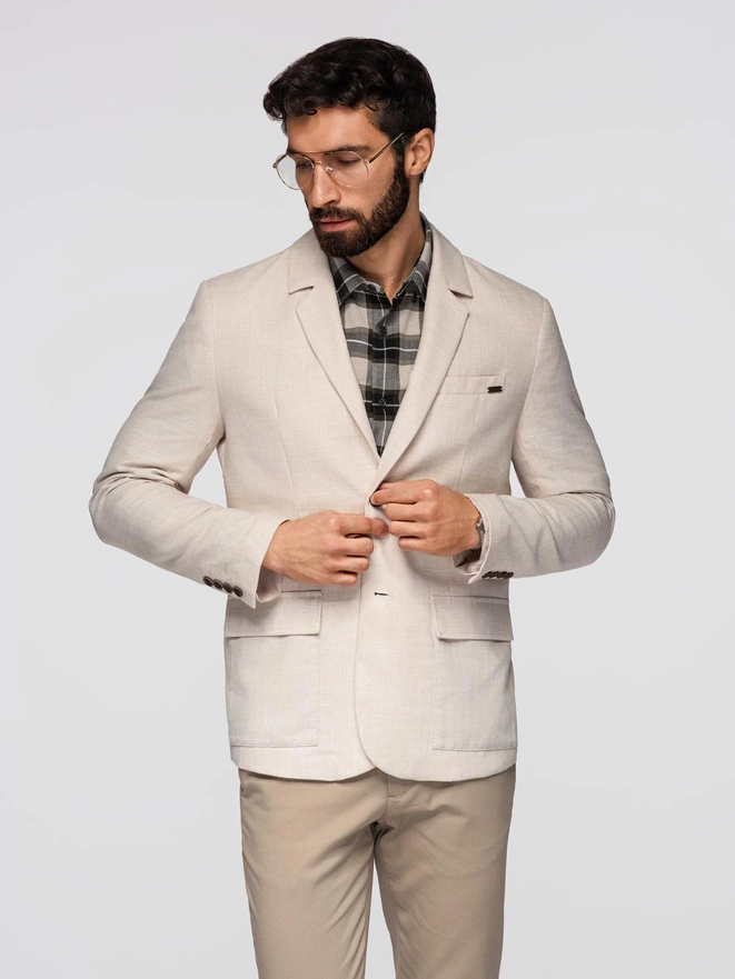 Men's REGULAR cut blazer with linen - cream V1 OM-BLZB-0128