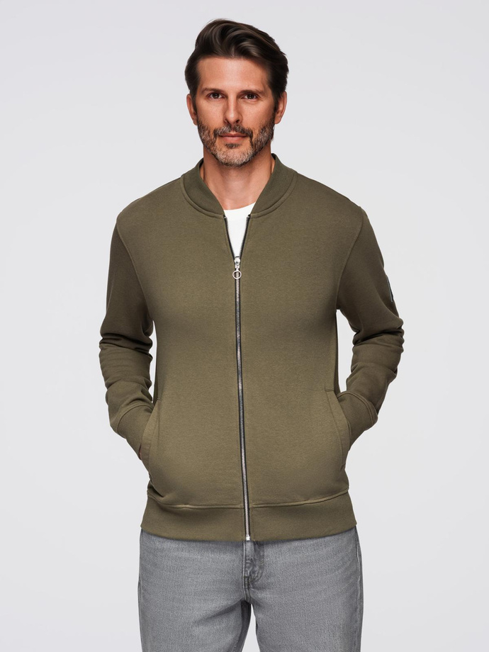 Cotton unbuttoned men's sweatshirt bomber - khaki V1 OM-SSZP-0215