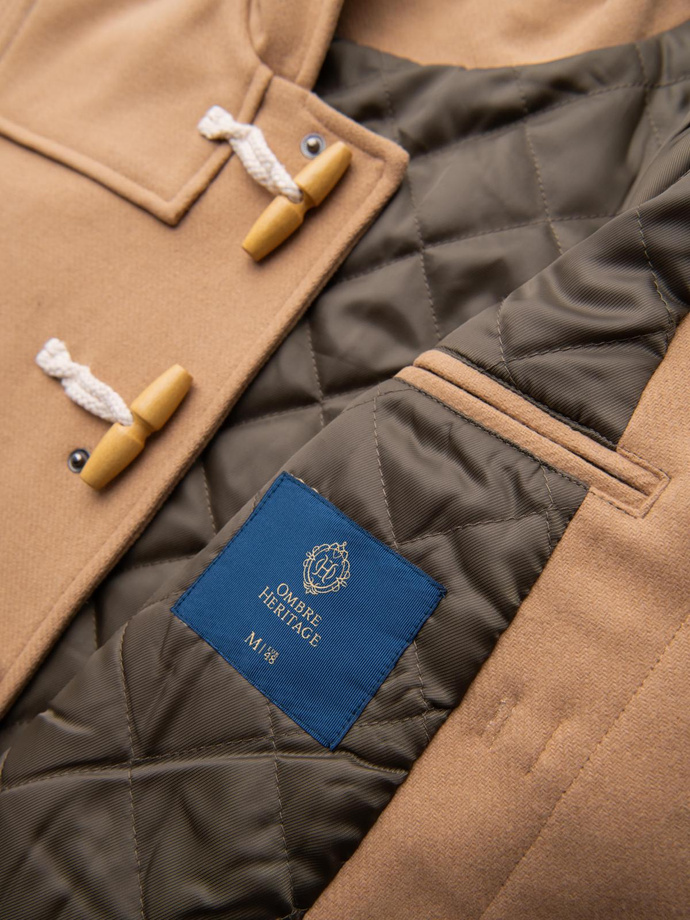 Płaszcz męski z wełną i kapturem duffle coat – jasnobrązowy V1 OM-COWC-0131