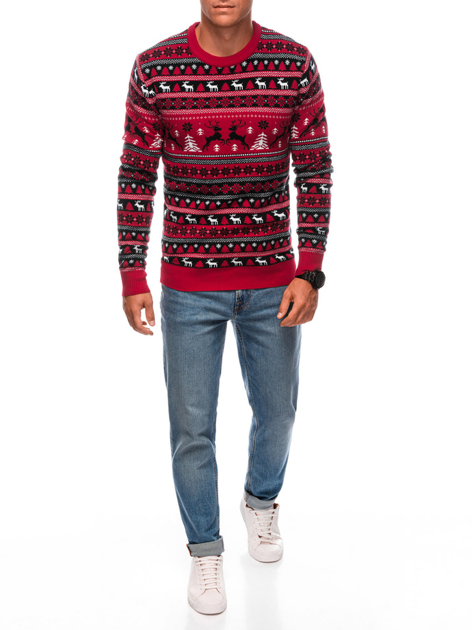Men's red Christmas jumper with Norwegian patterns - red V1 EM-SWOS-0101