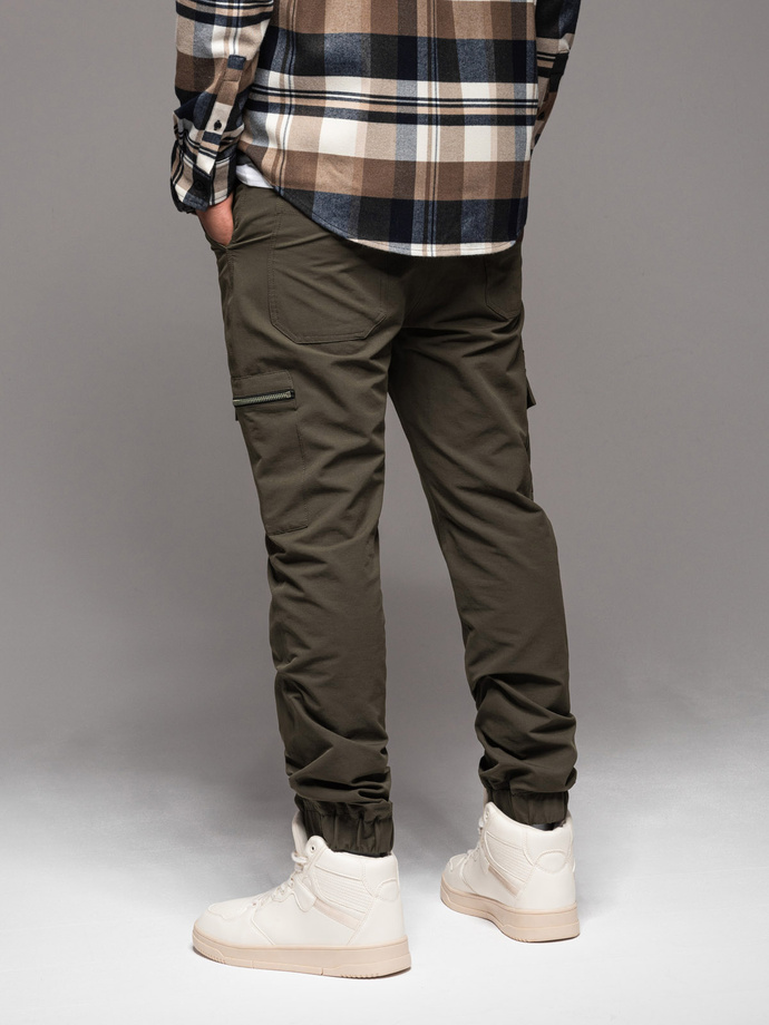 Men's jogger pants with cargo pockets and print - dark olive green V5 OM-PAJO-0200