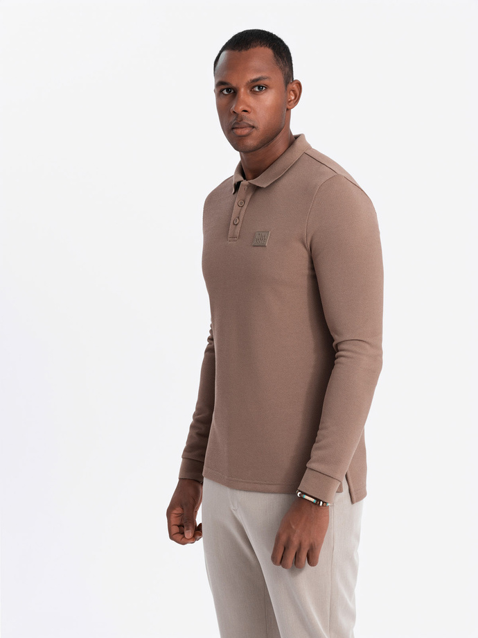 Men's structured polo longsleeve with patch - brown V4 OM-POLS-0131