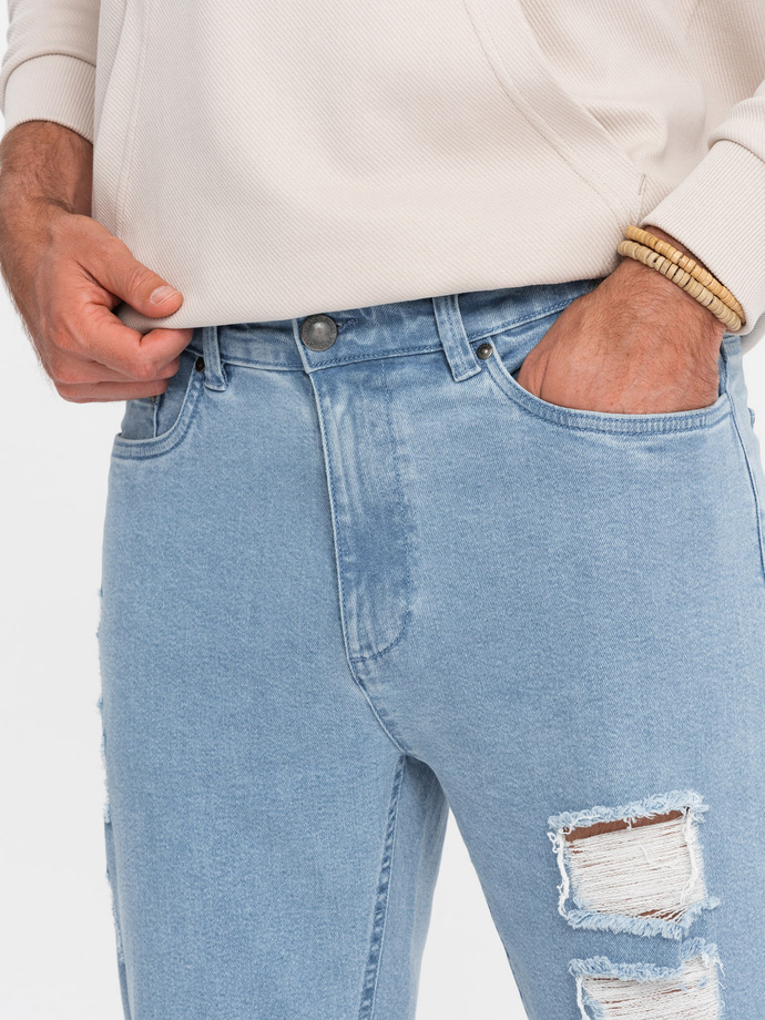 Washowane męskie jeansowe spodnie TAPERED FIT z przetarciami – błękitne V1 OM-PADP-0163
