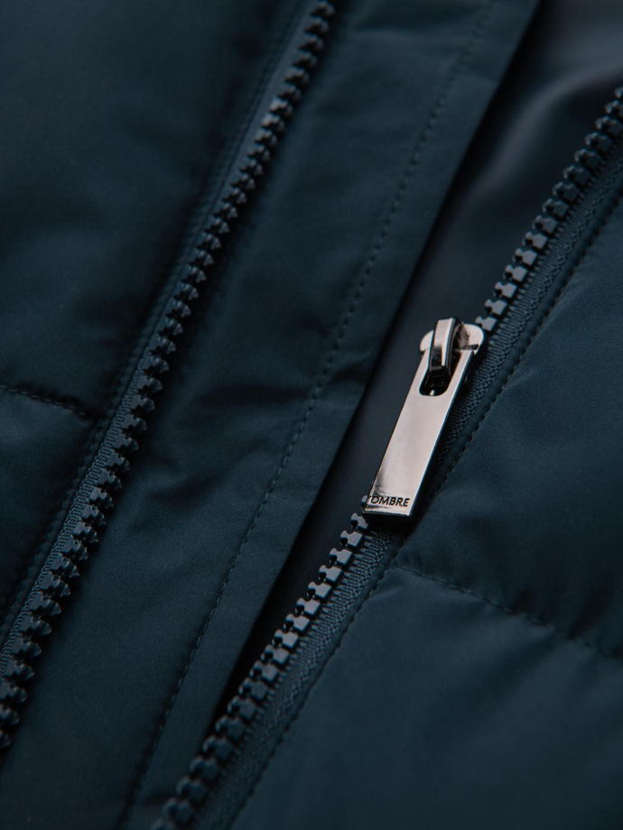 Klasyczna męska długa kurtka z kapturem – granatowa V2 OM-JALJ-0269