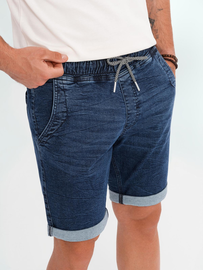 Men's denim shorts with rolled up leg - dark blue V2 OM-SRDS-0161