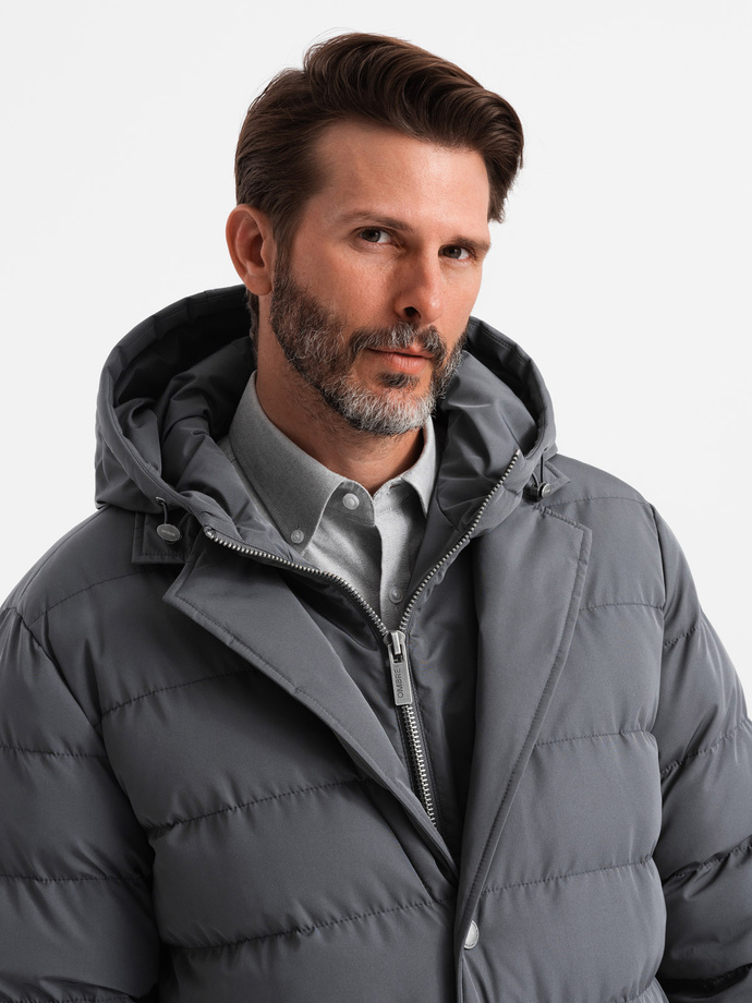 Men's long quilted jacket with lapels and lining - graphite V2 OM-JALJ-0177