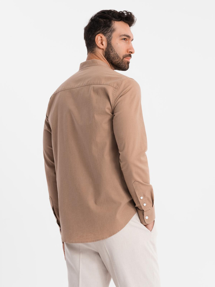 Men's linen shirt with stand-up collar and pocket REGULAR FIT - light brown V7 OM-SHCS-0161